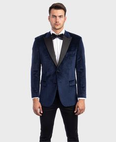 Attend your next wedding or formal event by adding this stylish navy velvet tuxedo jacket to your closet. The black satin peak lapel gives a vintage look and will make you stand out from the crowd. Details: Includes: Suit jacket JACKET: Full Lined, two Button closure, Black Peak Lapel. Side Vents Fit: Slim fit Care: Dry Clean only Imported Party Tuxedo Outerwear With Pressed Crease, Black Tie Notch Lapel Blazer For Winter, Notch Lapel Blazer For Black Tie Winter Events, Winter Black Tie Tuxedo With Notch Lapel, Winter Black-tie Event Blazer With Suit Collar, Winter Black Tie Blazer With Suit Collar, Winter Blazer For Black-tie Events With Suit Collar, Tailored Blazer For Black Tie Winter Events, Tailored Winter Blazer For Black Tie Events