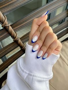 #french #nailart #nails #naildesign #frenchnails #blue #aesthetic #nailartideas Milky White Nails With Blue French Tip, White French With Blue Line, French Tips Blue Nails, Royal Blue And White French Tip Nails, French Blue And White Nails, White Nails Blue Tips, White Blue French Nails, White Nails With Blue French, White Nails With Blue French Tips