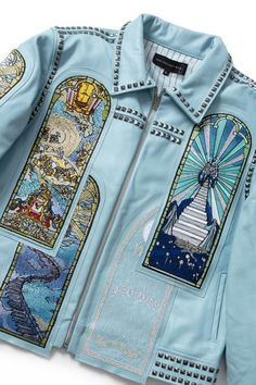 Glass Embroidery, Mens Wardrobe, Men's Leather Jackets, Dress Reference, Printed Denim Jacket, Men's Leather Jacket, Leather Denim, Content Ideas, Printed Denim