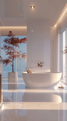 a large white bath tub sitting inside of a bathroom next to a tall glass window