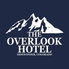 the overlook hotel logo on a dark blue background with white mountains in the back ground