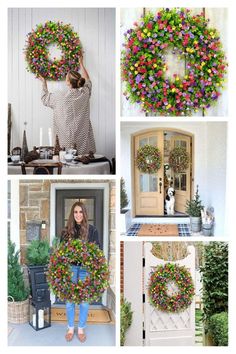 four different pictures of wreaths with flowers on the front door, and one woman holding a dog