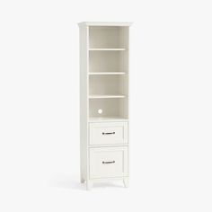 a white bookcase with two drawers on the bottom and one drawer open in front