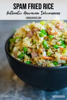 a bowl filled with fried rice and peas