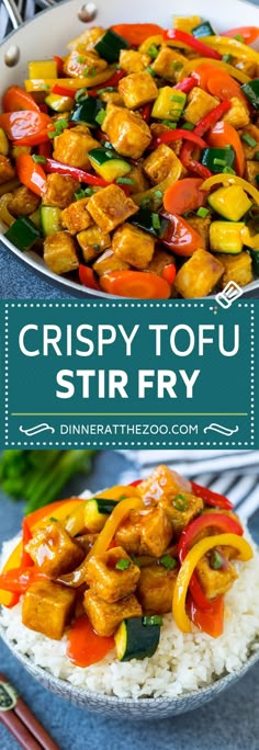 crispy tofu stir fry on top of rice with chopsticks in the background