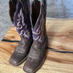 Women’s Size 6b Brown And Purple Leather. The Purple Has A Coppery, Iridescent Shine. Gorgeous Color These Boots Were Used For Dancing And Looking Pretty! Pre Owned Excellent Condition Euc Country Western Cowboy Wedding Party Vacation Concert Purple Cowboy Boots, Cowgirl Boots Square Toe, Ariat Cowgirl Boots, Cowboy Boots Square Toe, Cowboy Wedding, Boots Square Toe, Ariat Shoes, Purple Leather, Country Western