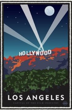 the poster for los angeles is shown in black and white, with an orange sky behind it