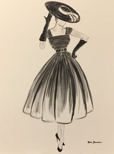 a black and white drawing of a woman in a dress with a hat on her head