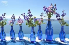 six blue vases with flowers in them on a table next to the ocean and water