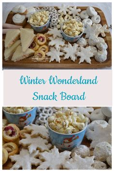 some food is laying out on a wooden board with snowflakes and other foods