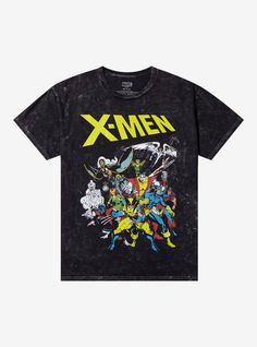 Join the X-Men in fighting for the mutant cause! This grey wash tee features a group shot depicting Wolverine  Cyclops  Jean Grey  Storm  Colossus and more of your favorite heroes dressed in their classic costumes  plus their logo up above. Please note: Wash pattern may vary.100% cottonWash cold; dry lowImportedListed in men'sunisex sizes Emily The Strange, Wolverine Marvel, The Big Lebowski, Grey Wash, Xmen, Hot Topic, Mens Graphic Tee, X Men