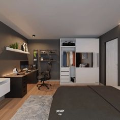 a bedroom with a bed, desk and closet