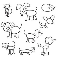 an image of dogs and cats in black and white coloring book page illustration for children