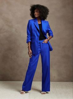 Bright Blue Outfit, Royal Blue Pants Outfit, Woman Evolve, Wide Leg Outfit, Royal Blue Pants, Bright Pants, Church Clothes, Bridal Party Outfit