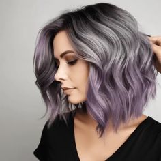 Medium Length Loose Waves with Lavender Tips Gray And Rainbow Hair, Winter Hair Ideas For Blondes, Hair Color Ideas For 50+ Women, Silver Hair With Purple, Haircuts For Women Medium Length, Smoky Grey Hair, Lilac Grey Hair, Lavender Tips, Lavender Grey Hair