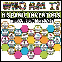 THIS IS A DIGITAL PRODUCT Celebrate Hispanic Heritage Month with our engaging and interactive bulletin board kit! It includes 25 "Who Am I?" sheets featuring brief synopsis and clipart images of the inventor's invention. Lift the sheets to reveal the identity of each inventor. Transform your display into a fun game for your classroom or school-wide with the included guessing sheets.  -------------------------------- This resource includes: -------------------------------- - 25 hexagon sheets with who am I synopsis and invention clipart - 25 hexagon sheets that reveal inventors - Pinata-themed "Who Am I?" letters  - Black and White bulletin letters for "Who Am I? Hispanic Inventors Who've Shaped The World"  - 6 options for bulletin borders  - Additional basic colored hexagons  - Guessing Sh Latinx Heritage Month Bulletin Board, Bulletin Letters, Hispanic Heritage Month Bulletin Board, Heritage Month Bulletin Board, Bulletin Borders, Interactive Bulletin Board, Bulletin Boards Classroom Decor, Mexican Heritage, Classroom Bulletin Boards