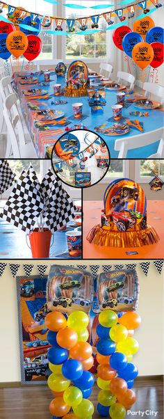 this is a birthday party with cars and balloons