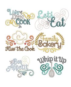 four different types of embroidery designs with words