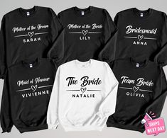 four black and white shirts with the bride names on them