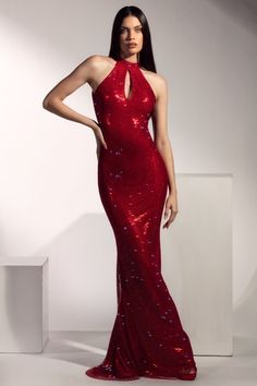 This dazzling red gown is a showstopper. The sparkling crystal mesh fabric catches the light in all the right places. The figure-hugging silhouette accentuates the curves, while the high-neck halter top adds a touch of drama. This dress is a testament to the timeless allure of a perfectly crafted garment. 90s Red Carpet Dresses, 90s Red Carpet, Red Carpet Glam, Red Long Dress, High Neck Halter Top, Long Mermaid Dress, High Neck Halter, Red Gown, Long Red Dress