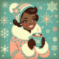 a woman holding a cup of coffee in front of snowflakes