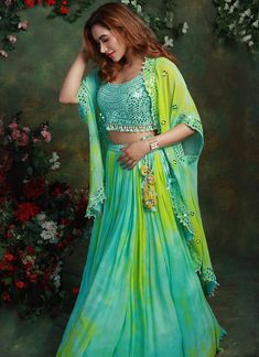 Archana Kochhar | Green Tie Dye Lehenga Set | INDIASPOPUP.COM Tie Dye Lehenga, Mirror Work Belt, Dye Lehenga, Archana Kochhar, Georgette Jacket, Blouse Yoke, Georgette Lehenga, Resham Work, Personal Shopping Service