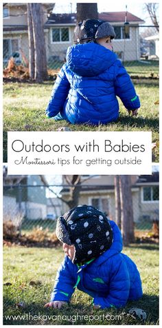 two photos of a child in a blue jacket sitting on the grass