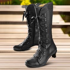 Category:Boots; Upper Materials:Faux Leather; Season:Winter,Fall; Heel Type:Kitten Heel; Gender:Women's; Toe Shape:Round Toe; Type:Mid Calf Boots; Style:Elegant,Fashion,Casual,Vintage; Heel Height(inch):1-2; Outsole Materials:MD (Phylon); Occasion:Outdoor,Daily; Closure Type:Lace-up; Pattern:Solid Color; Listing Date:11/09/2023; 2023 Trends:Button Boots,Heel Boots,Plus Size,Brogue; Heel Height:Mid Heel Elf Shoes, Lace Up Block Heel, Faux Leather Boots, Victorian Lace, 2024 Trends, Vintage Boots, Suede Lace, Gothic Style, Calf Boots