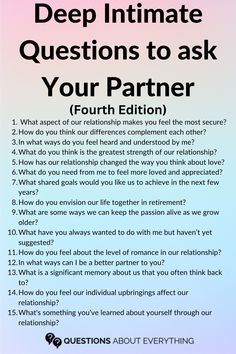 Deepen your connection with our Deep Intimate Questions to Ask Your Partner. Ideal for couples seeking to explore the depths of their relationship. Dive into these questions for a journey of mutual discovery and understanding. Check out our full list in the article, save this pin for your next intimate conversation, and share your most insightful moments in the comments! Fun Relationship Questions, Intimate Questions For Couples, Couples Therapy Worksheets, Questions To Ask Your Partner, Partner Questions, Text Conversation Starters, Deep Conversation Topics, Intimate Questions, Deep Questions To Ask