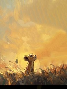 a painting of a lion cub sitting in the middle of a field with clouds above it