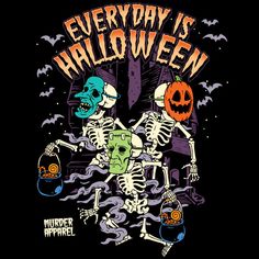 two skeletons dancing in front of a house with pumpkins on their heads and the words, every day is halloween