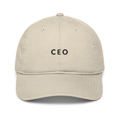 Every Chief Executive Officer needs a classic CEO hat.  Especially one that never goes out of style and I eco-friendly made of 100% organic cotton. Throw it on with your favorite t-shirt and jeans or workout and loungewear for an easy fit! * 100% organic cotton * Unstructured * 6 panel * Matching sewn eyelets * Self-fabric adjustable closure with a brass slider and hidden tuck-in * Blank product sourced from China This product is made especially for you as soon as you place an order, which is wh Boss Christmas Gifts, Personalized Embroidery, Cotton Hat, Strapback Hats, Gifts For Boss, T Shirt And Jeans, Organic Cotton Fabric, Baseball Hat, Hat Making