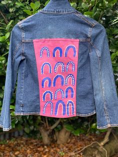 Size M 'when Angel' girls jacket Hand Painted Blue Cotton Denim Jacket, Hand Painted Blue Denim Jacket For Spring, Spring Hand Painted Blue Denim Jacket, Spring Denim Outerwear Hand Painted, Spring Hand Painted Denim Outerwear, Spring Hand Painted Denim Jacket, Hand Painted Blue Cotton Outerwear, Artistic Blue Cotton Denim Jacket, Artsy Cotton Denim Jacket For Spring