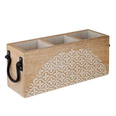 a wooden box with two compartments and an iron hook on the top, in front of a white background