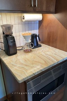 kitchen coffee station setup with green natural stone countertops and pour over coffee with grinder Sharp Microwave Drawer, Quartzite Countertops Kitchen, Kitchen Coffee Station, Coffee Station Kitchen, Microwave Drawer