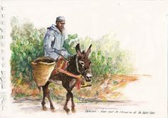 a drawing of a man riding on the back of a donkey with a basket in his hand