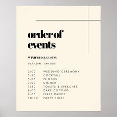 the order of events is displayed in front of a white background with black lettering on it