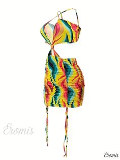 Eromis - Chic Drawstring Bodycon Dress with Backless Ruched Detail - Womens Fashion Statement Piece Spring Party Strappy Swimwear, Multicolor Swimwear For Spring, Multicolor Club Swimwear For Spring, Multicolor Swimwear For Club In Spring, Beach Mini Dress With Drawstring And Stretch, Spaghetti Strap Mini Dress With Drawstring For Beach, Fitted Mini Dress With Drawstring For Beach, Strappy Ruched Mini Dress For Summer, Spring Ruched Backless Swimwear