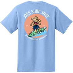 Kick back with the laid-back vibe of the beach with the Joe's Surf Shop Teddy The Surfing Dog Heavyweight Pocket Tee. Made from soft, durable cotton, this tee is all about comfort and easy style. The back features a fun graphic of Teddy, the surfing dog, catching some waves and spreading good vibes, perfectly capturing the spirit of Joe's Surf Shop. With a handy front pocket for stashing small essentials, this tee is as practical as it is cool. Whether you're lounging on the sand, catching some Relaxed Fit Cotton T-shirt For Surfing, Blue Relaxed Fit Surfing T-shirt, Graphic Tee Soft-washed T-shirt For Surfing, Sporty Relaxed Fit Beach T-shirt, Surfing Dog, Surf Lifestyle, Dogs Tee, Easy Style, By The Ocean