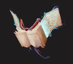 an open book with wings flying through the air