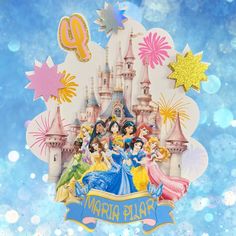 the disney princess castle is surrounded by stars and sparkles on a blue glitter background