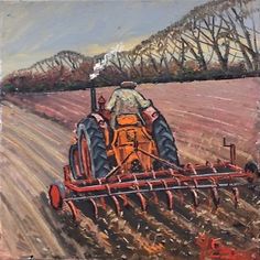 a painting of a farmer plowing his field with an orange and black tractor in the foreground