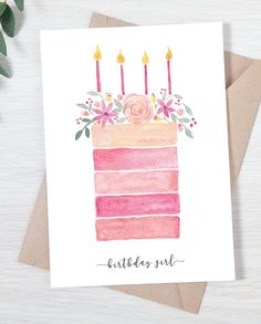 a birthday card with a watercolor cake and candles