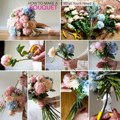 a collage of photos showing how to make a bouquet