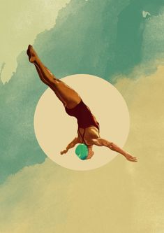 a man diving into the air to catch a frisbee in his hand while wearing swim trunks