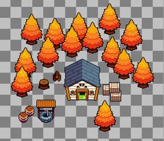 the pixel style game is shown with trees, buildings and other items on it's surface