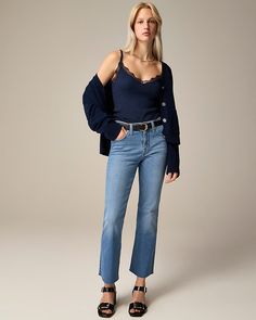 J.Crew: Mid-rise Cropped Kickout Jean In 2003 Super-stretch For Women Chic Flare Cropped Jeans With Five Pockets, Fall Cropped Medium Wash Flare Jeans, Chic Cropped Medium Wash Jeans, Cropped Flare Jeans With Five Pockets, Chic Cropped Dark Wash Pants, Chic Dark Wash Cropped Pants, Trendy Mid-rise Cropped Jeans For Fall, Cropped Denim Blue Jeans For Fall, Classic Cropped Bottoms For Fall