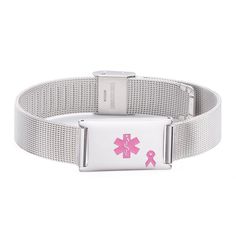 Custom Engrave! Medical ID Pink Ribbon Stainless Steel Mesh Bracelet Adjustable Stainless Steel Wristband With Bracelet Strap, Adjustable Silver Stainless Steel Wristband, Adjustable Metal Wristband With Bracelet Strap, Adjustable Stainless Steel Wristband, Adjustable Silver Wristband With Bracelet Strap, Adjustable Silver Stainless Steel Bracelets, Adjustable Stainless Steel Band Jewelry, Silver Adjustable Band Jewelry, Adjustable Silver Wristband Bracelet