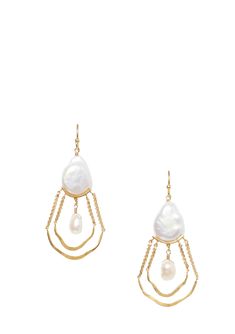 Light up the room in these statement earrings featuring luminous freshwater pearls and a delicate gold chandelier silhouette. 18k gold plated sterling silver, white freshwater pearls. 2" drop. Handmade in Vietnam. Teardrop Pearl Drop Chandelier Earrings, Teardrop Chandelier Earrings With Pearl Drop, Yellow Gold Pearl Drop Dangle Chandelier Earrings, Gold Teardrop Pearl Drop Chandelier Earrings, Gold Chandelier, White Freshwater Pearl, Holiday Items, Gift Exchange, White Pearl