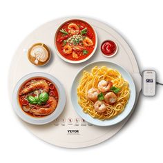 a white plate topped with pasta and shrimp next to two bowls of soup, tomato sauce and ketchup